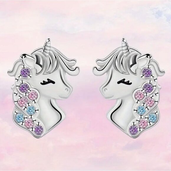 Unicorn Stud Earrings With Multicolor Crystals For Kids - Picture 1 of 2